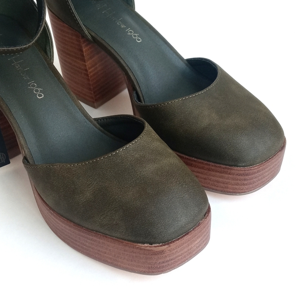 House of Harlow 1960 Olive Green Square Toe Ankle Strap Platform Heels 8M - Picture 4 of 16